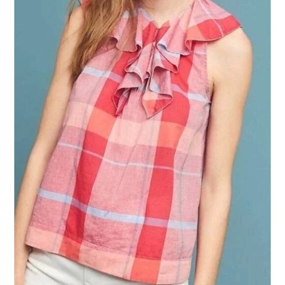 Isabella Sinclair Anthro Andover Cottage Camp Red Plaid Blouse Medium - Picture 4 of 11